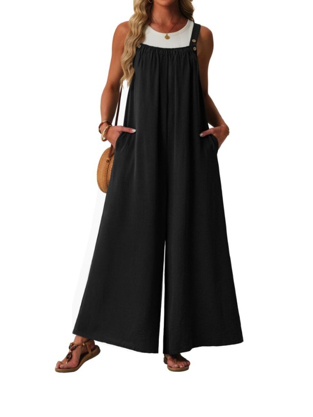 Womens Casual Jumpsuits Summer Boho Wide Leg Rompers Sleeveless Overalls Pleated